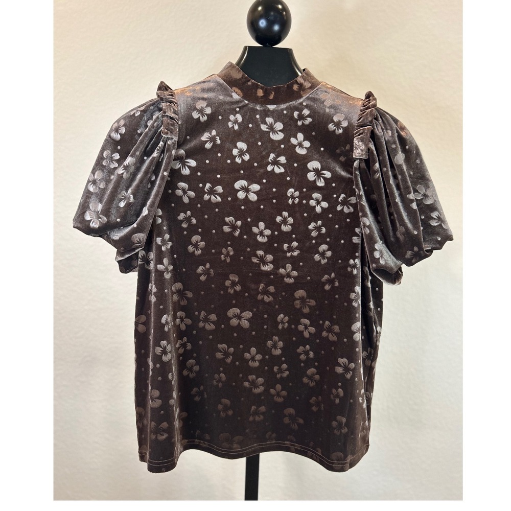 Laā Miel Brown Velvet Floral Burnout Puff Sleeve Mock Neck Top HDT7721 Womens S